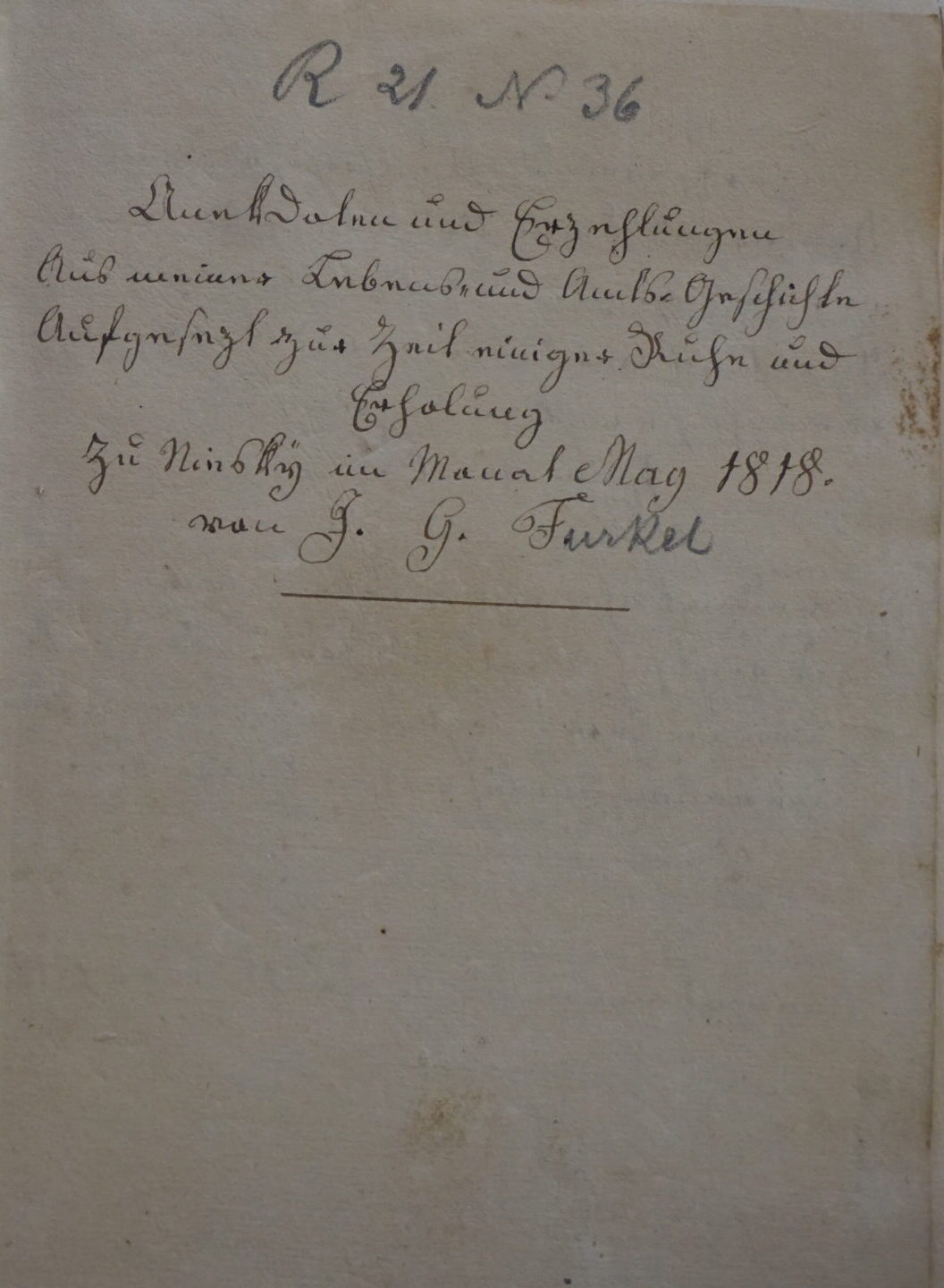 Titelblatt des Berichts des Herrnhuter Diasporaarbeiters Johnn Georg Furkel vom Mai 1818